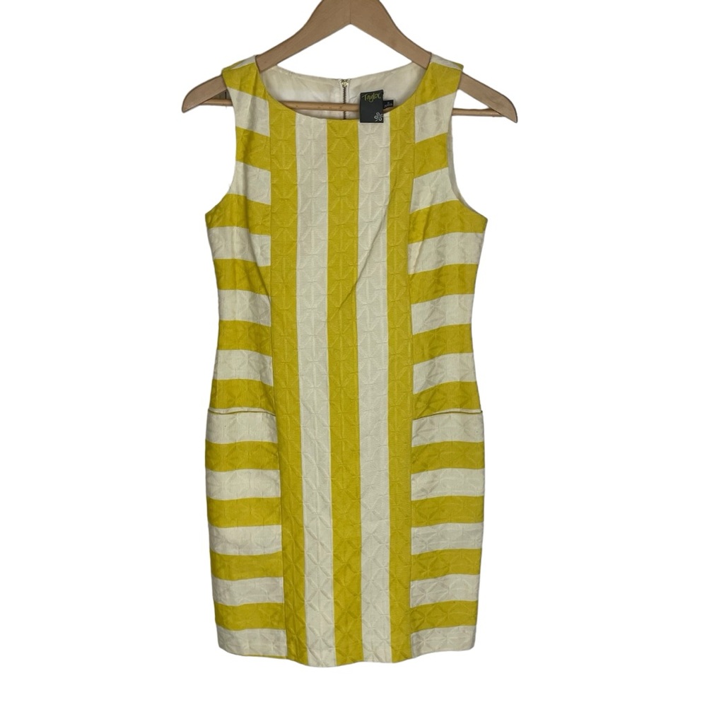 Taylor Women's Yellow Cream White Stripe Textured Sleeveless Sheath Dress Size 2